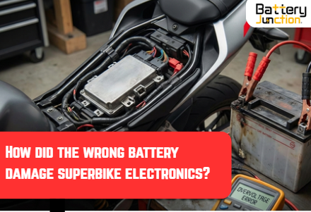 How did the wrong battery damage superbike electronics?